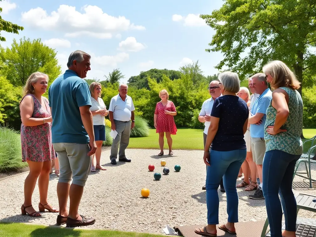 A diverse group of people playing pétanque, highlighting the inclusive nature of the sport and its ability to bring people from different backgrounds together.