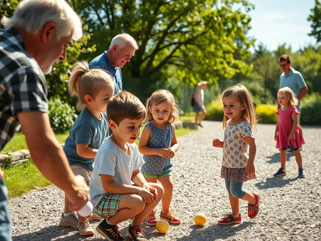 An image of children learning the basics of pétanque from experienced players, highlighting the organization's commitment to intergenerational connection.