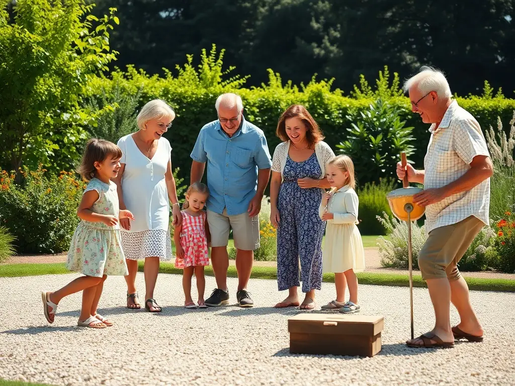 A family playing pétanque together, emphasizing the intergenerational aspect of the game and its ability to create meaningful connections between family members.