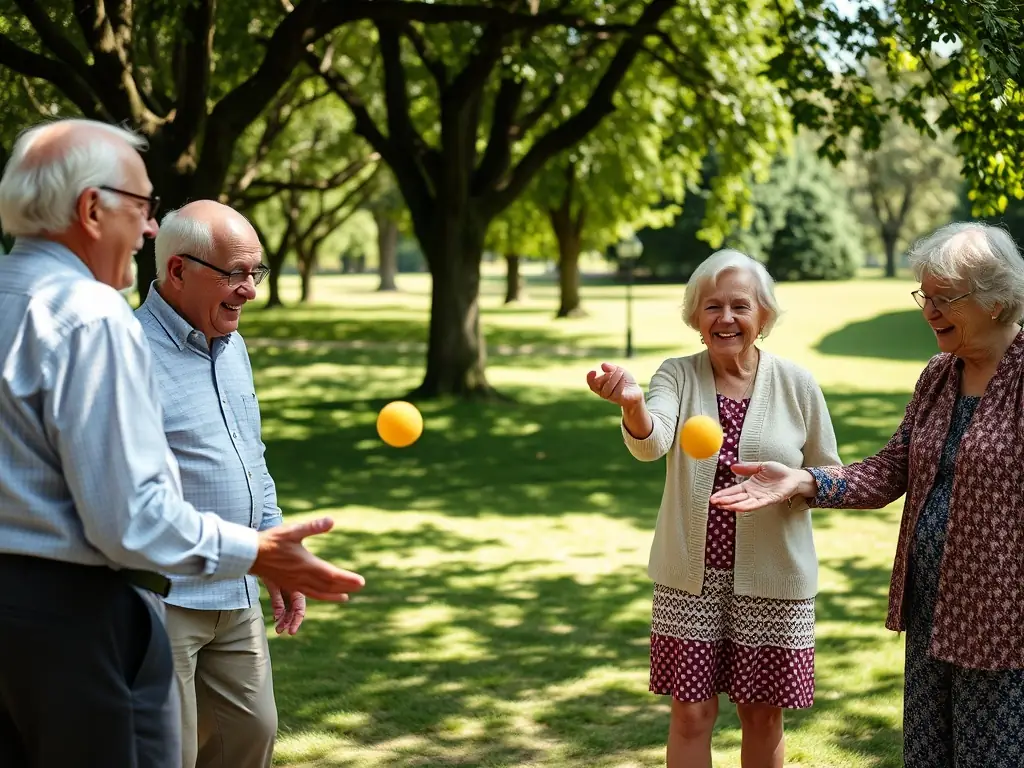 A group of seniors laughing and playing pétanque in a park, showcasing the intergenerational aspect of the game and its ability to bring joy to older adults.