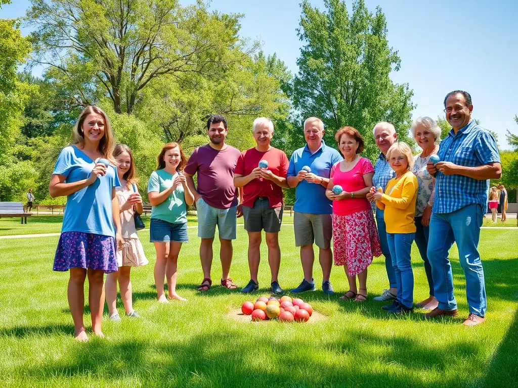 A vibrant image of diverse community members playing pétanque on a sunny day at the local park, smiling and engaging with each other.