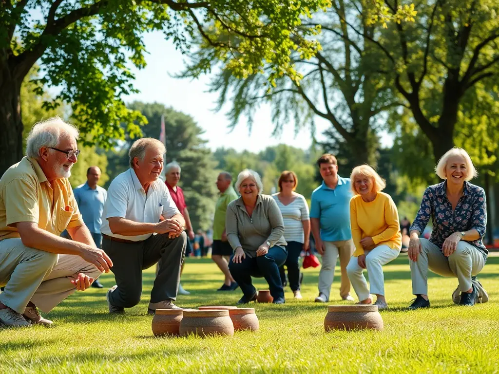 A group of people of different ages are playing pétanque in a park, with smiles and focused expressions, under the warm sunlight, showcasing the intergenerational aspect of the game.