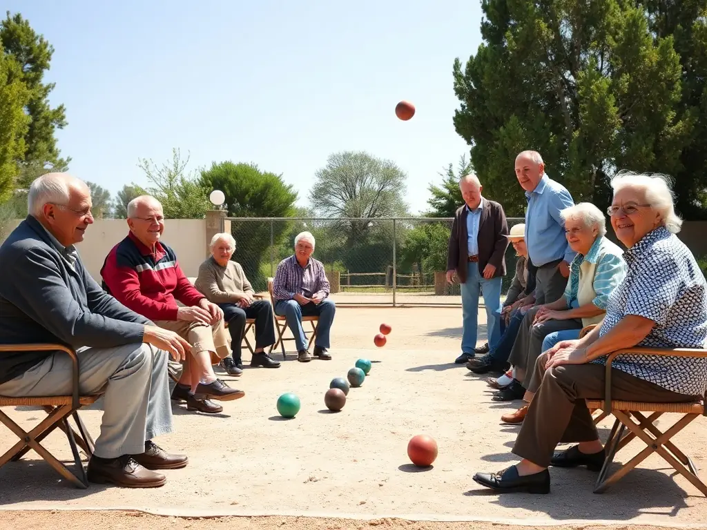 A photograph of a group of senior citizens participating in a friendly game of jeu provençal, showcasing the intergenerational aspect of the organization's activities.