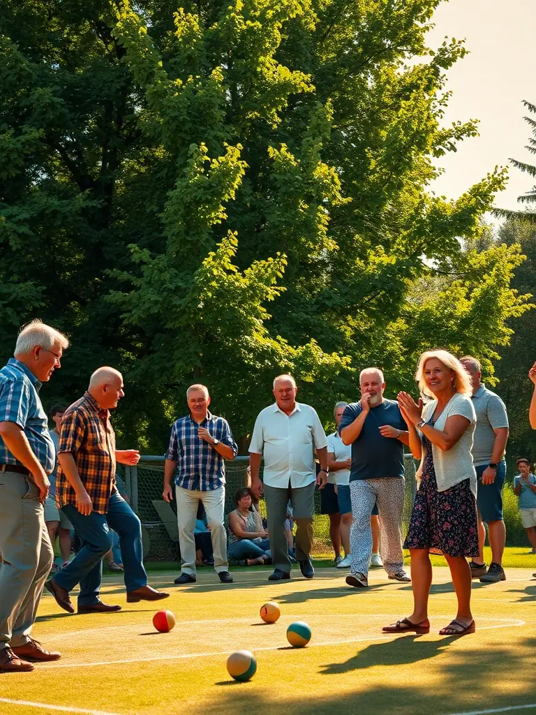An intergenerational group playing jeu provençal, highlighting the connection between younger and older members of the community.
