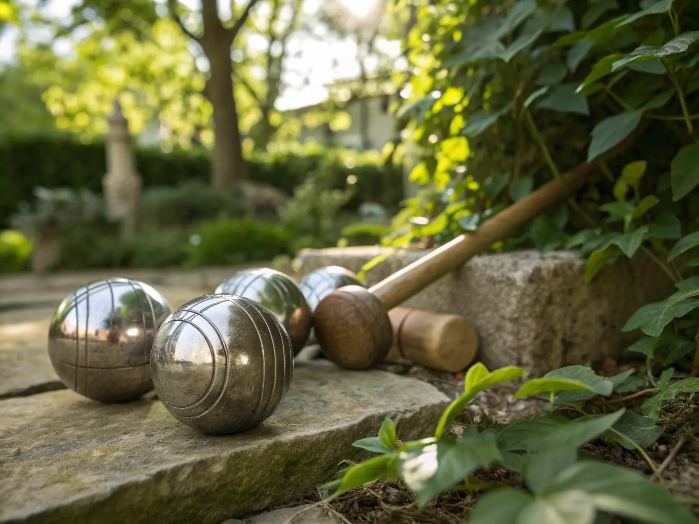 A close-up shot of pétanque balls (boules) scattered near the jack (cochonnet) on a sandy terrain, highlighting the precision and strategy involved in the game.