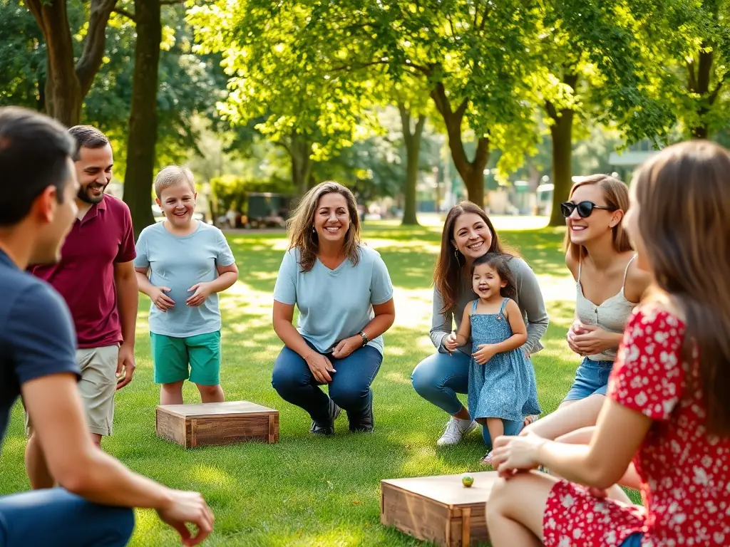 A diverse group of people are gathered at a pétanque event, with food, drinks, and music in the background, illustrating the social and festive atmosphere of the organization's activities.