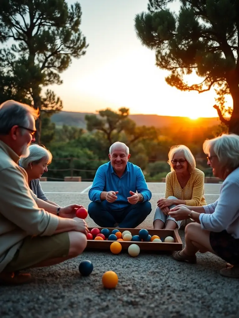A group of diverse individuals of varying ages playing pétanque in a park on a sunny day, focusing on the camaraderie and inclusive nature of the game.