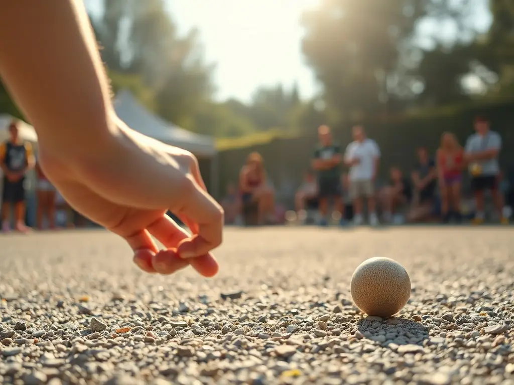 A person throwing a boule with focus and determination, illustrating the physical and mental engagement required in pétanque and jeu provençal.