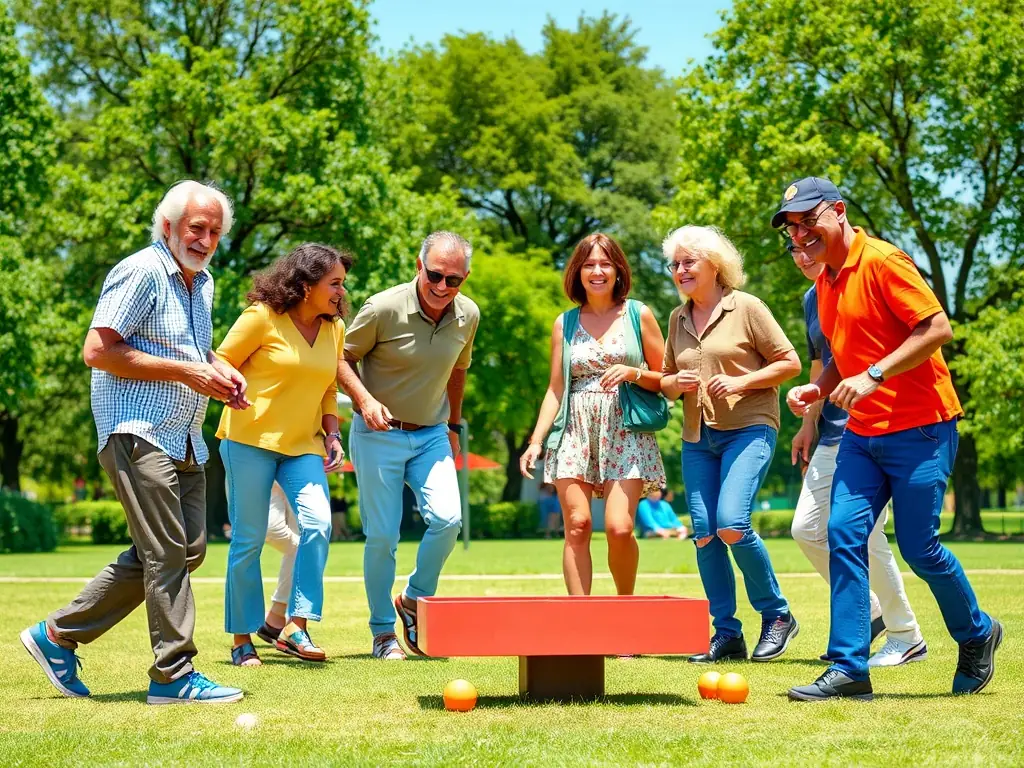 An image of people of different age groups playing pétanque together, highlighting the intergenerational aspect of the sport.